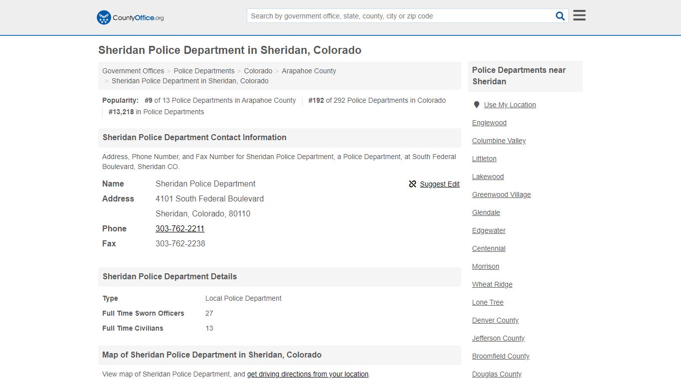 Sheridan Police Department - Sheridan, CO (Address, Phone, and Fax)